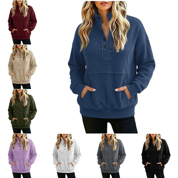 FAHUOMU Womens Half Button Shirts Long Sleeve Corduroy Pullover Collared Oversized Fall Winter Fashion Warm Tops With Pockets
