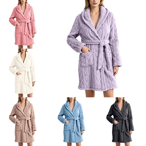 FAHUOMU Womens Hooded Plush Short Bathrobe Soft Jacquard Fluffy Robe Loungewear With Pocket Knee Length House Robe