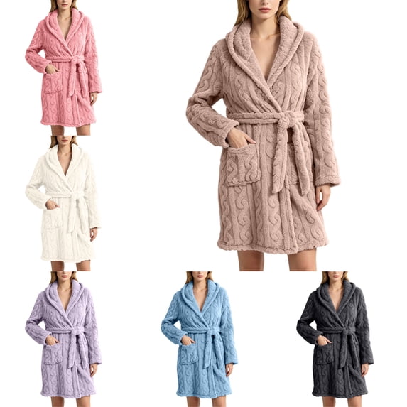 FAHUOMU Womens Hooded Plush Short Bathrobe Soft Jacquard Fluffy Robe Loungewear With Pocket Knee Length House Robe