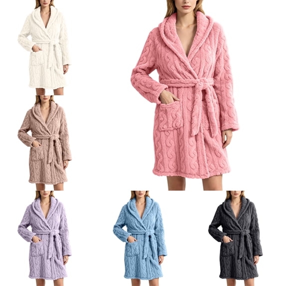 FAHUOMU Womens Hooded Plush Short Bathrobe Soft Jacquard Fluffy Robe Loungewear With Pocket Knee Length House Robe