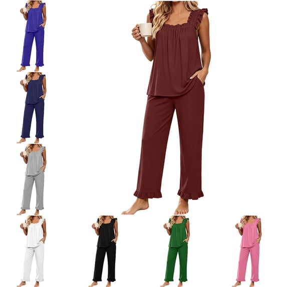 FAHUOMU Womens Pajamas Set 2 Piece Ruffle Pj Soft Tank Top And Long Pants With Pockets Sleepwear Set Bridal Loungewear For Women