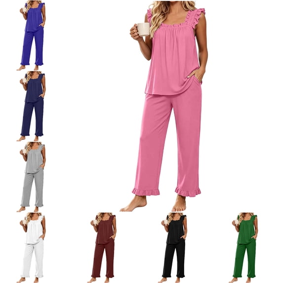 FAHUOMU Womens Pajamas Set 2 Piece Ruffle Pj Soft Tank Top And Long Pants With Pockets Sleepwear Set Bridal Loungewear For Women
