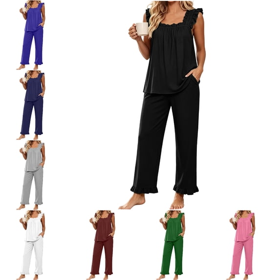FAHUOMU Womens Pajamas Set 2 Piece Ruffle Pj Soft Tank Top And Long Pants With Pockets Sleepwear Set Bridal Loungewear For Women
