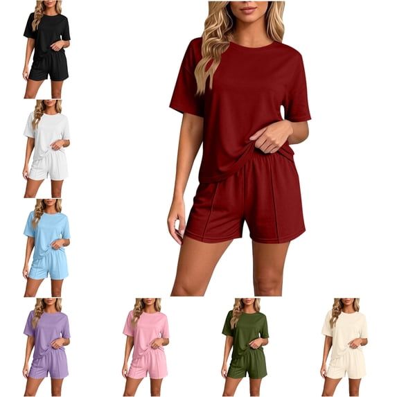 FAHUOMU Womens Pajamas Set 2 Piece Short Sleeve Crewneck Tops With Elastic Waist Shorts Sleepwear Soft Breathable Loungewear