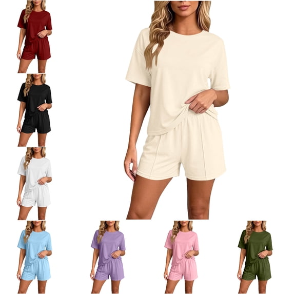 FAHUOMU Womens Pajamas Set 2 Piece Short Sleeve Crewneck Tops With Elastic Waist Shorts Sleepwear Soft Breathable Loungewear