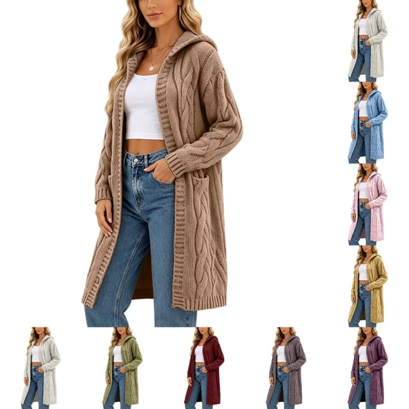 FAHUOMU Womens Plus Size Hooded Cardigan Open Front Cable Knit Long Sweaters With Pocket Oversized Lightweight Cardigans Outwear Coat