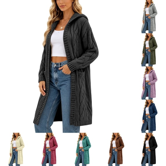 FAHUOMU Womens Plus Size Hooded Cardigan Open Front Cable Knit Long Sweaters With Pocket Oversized Lightweight Cardigans Outwear Coat
