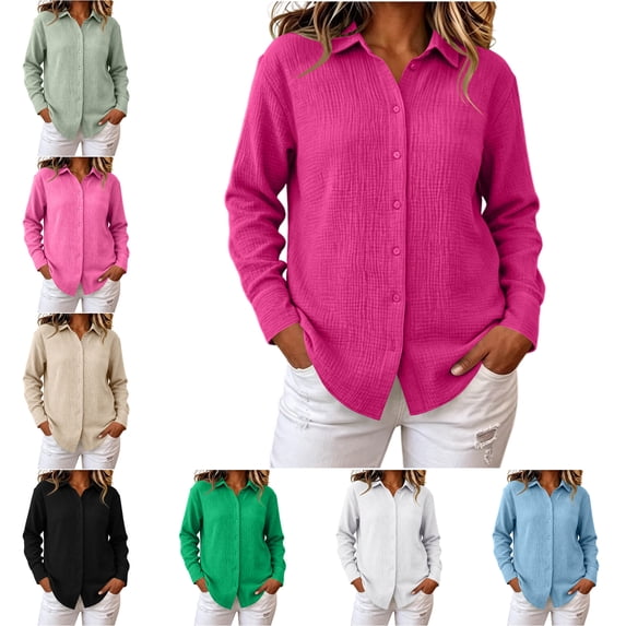 FAHUOMU Womens Shirt Long Sleeve Button Down Collared Blouses Loose Fit Dressy Casual Spring Fall Basic Tops