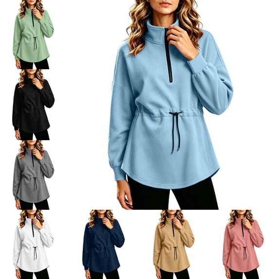 FAHUOMU Womens Sweatshirt Oversized Quarter Zip Stand Collar Drawstring Waist Long Sleeve Soft Casual Pullover Fall Tops