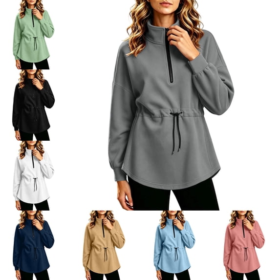 FAHUOMU Womens Sweatshirt Oversized Quarter Zip Stand Collar Drawstring Waist Long Sleeve Soft Casual Pullover Fall Tops