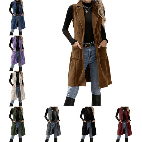 FAHUOMU Womens Vest Tops Sleeveless Corduroy Collared Cardigan Fall Lightweight Casual Coats With Pockets