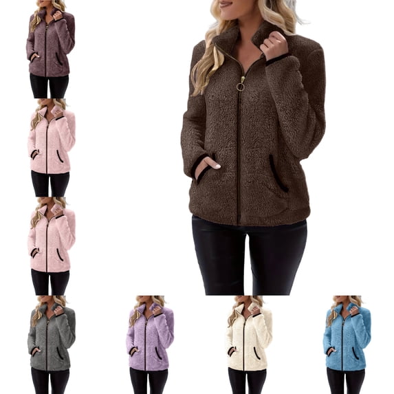 FAHUOMU Womens Zip Up Coat Soft Cozy Fleece Long Sleeve Stand Collar Jacket Oversized Short Clothes With Pockets