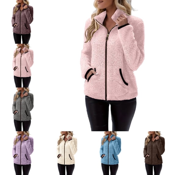 FAHUOMU Womens Zip Up Coat Soft Cozy Fleece Long Sleeve Stand Collar Jacket Oversized Short Clothes With Pockets