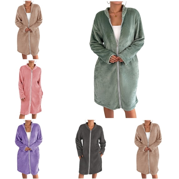FAHUOMU Zip Up Robes For Women Mid Length Plush Warm Flannel Bathrobe Stand Collar Long Sleeve Housecoat Soft Fuzzy Loungewear