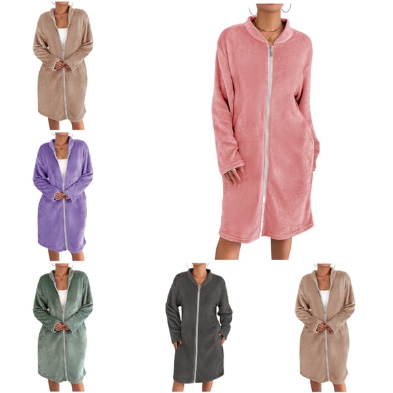 FAHUOMU Zip Up Robes For Women Mid Length Plush Warm Flannel Bathrobe Stand Collar Long Sleeve Housecoat Soft Fuzzy Loungewear