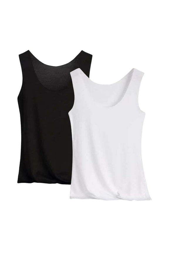 2 Pack Womens Tank Tops Casual Soft Scoop Neck Sleeveless Shirts Solid Color Lightweight Basic Layering Camisoles Undershirts,L,White