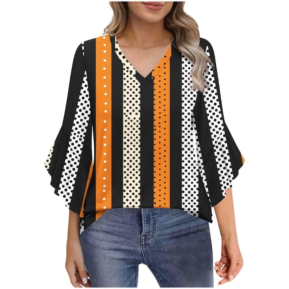 FAHXNVB 3/4 Length Sleeve Womens Tops Double Layered Casual Business Work Blouses Dressy Floral Printed V Neck Office Tunic Shirts