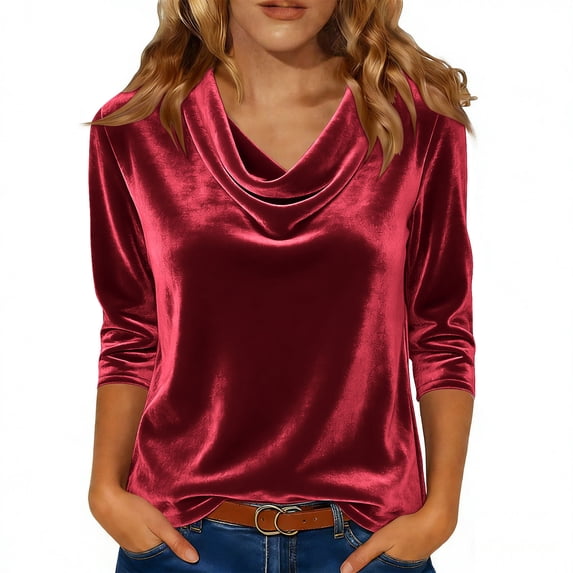 FAHXNVB 3/4 Sleeve Cowl Neck T-Shirts for Women Silk Satin Dressy Comfortable Going Out Tees Tops Fashion Summer Business Casual Tunic Blouse