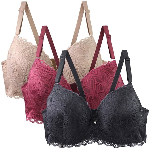 FAHXNVB 3 Pack Women's Lace Bras Full Coverage Push Up Everyday Bras Solid Color Soft Padding Classic Underwire Lift Up Bra