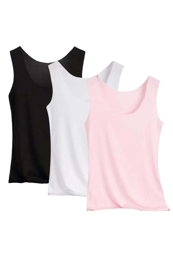 3 Pack Womens Tank Tops Sleeveless High Scoop Neck Stretch Basic Cami Top Cute Casual Ladies Comfy Fitted Slim Fit Undershirts,L,Pink