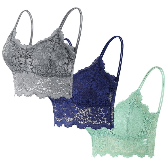 FAHXNVB 3 Pcs Womens Lace Cami Bralettes Slim Basic Wireless Spaghetti Strap Bralette Solid Color Floral Non Padded Bandeau Bras