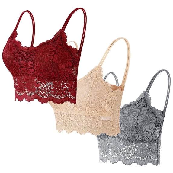 FAHXNVB 3 Pcs Womens Lace Cami Bralettes Slim Basic Wireless Spaghetti Strap Bralette Solid Color Floral Non Padded Bandeau Bras