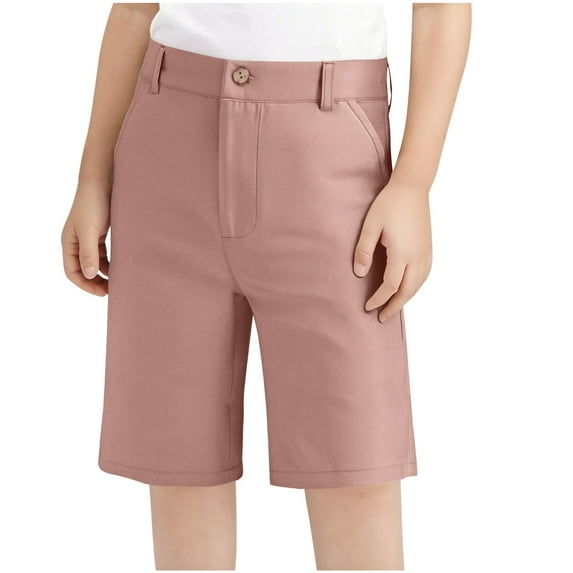 FAHXNVB Bermuda Shorts for Girls with Pockets Loose Fit Elastic Waist Button Casual Knee Length Shorts Lightweight Solid Color Kids Pants for Hiking 4-16 Years