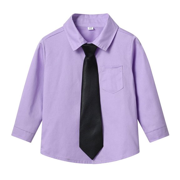 FAHXNVB Boys Button Down Long Sleeve T-Shirts Lapel Solid Color Tie Casual Shirts Fashion Comfortable Tees Tops 6M-14Years