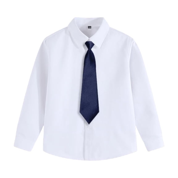 FAHXNVB Boys Button Down School Uniform T-Shirts Lapel Long Sleeve Soft Solid Color Shirts with Ties Fashion Casual Comfortable Tees Tops 3-15 Years