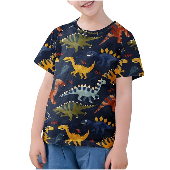 FAHXNVB Boys Crewneck T-Shirts Short Sleeve Summer Soft Cotton Cute Breathable Dinosaur Print Tees Tops Fashion Casual Shirts 3-14 Years