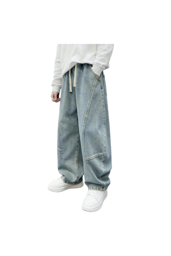 Boys' Drawstring Baggy Jeans Solid Color Straight Leg Denim Pants with Pockets Comfortable Casual Loose Fit Fashion Pants 6-16 Years