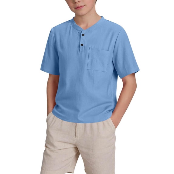 FAHXNVB Boys' Henley Neck Cotton Linen Short Sleeve T-shirt with Pocket Solid Color Button Breathable Lightweight Tees Casual Summer Fashion Shirts 5-15 Years