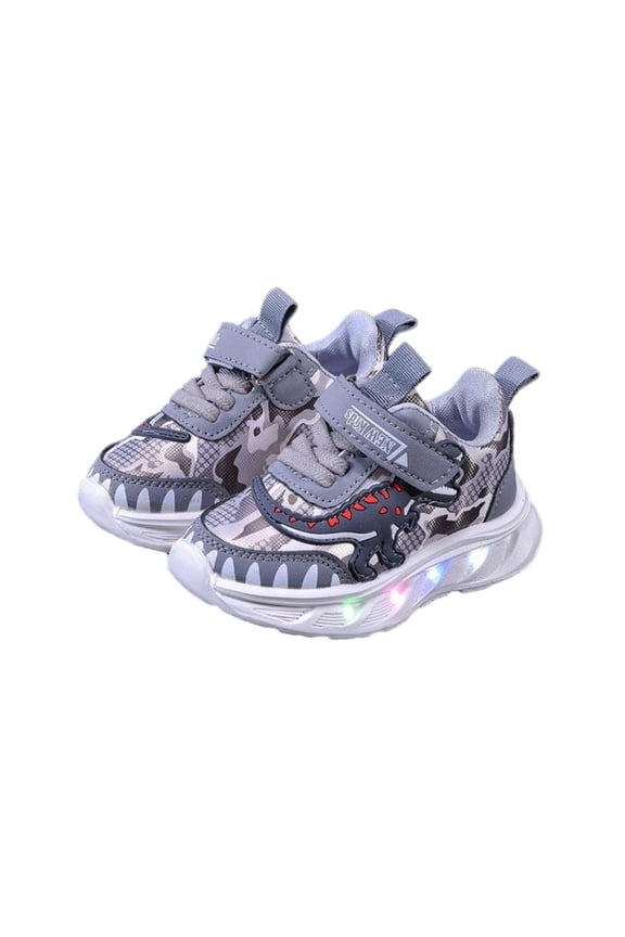 Boys LED Light Up Sneakers Dinosaur Print Hook and Loop Athletic Shoes Non Slip Breathable Outdoor Summer Trendy Fun Shoes 15M-7Y