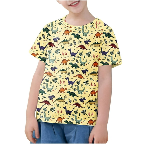 FAHXNVB Boys Short Sleeve T-Shirts Summer Crewneck Soft Cotton Lovely Dinosaur Print Tees Tops Fashion Casual Shirts 3-14 Years
