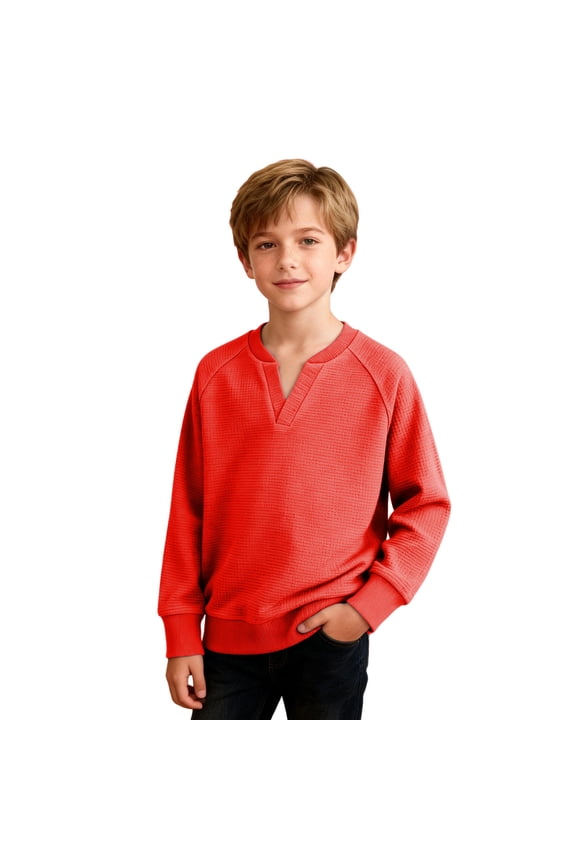 Boys' Waffle Knit Henley T-Shirts Button Front Solid Color Long Sleeve Casual Tees Tops Trendy Comfortable Shirts 4-14 Years