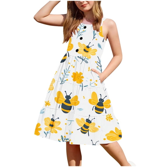 FAHXNVB Cami Midi Dresses for Girls Casual Crewneck Spaghetti Straps A Line Tiered Flowy Sundress Summer Fashion Cozy Graphic Print Beach Vacation Dresses 2-12 Years
