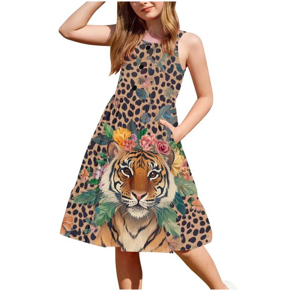 FAHXNVB Cami Midi Dresses for Girls Casual Summer Crewneck Spaghetti Straps A Line Tiered Flowy Sundress Graphic Print Fashion Cozy Beach Vacation Dresses 2-12 Years