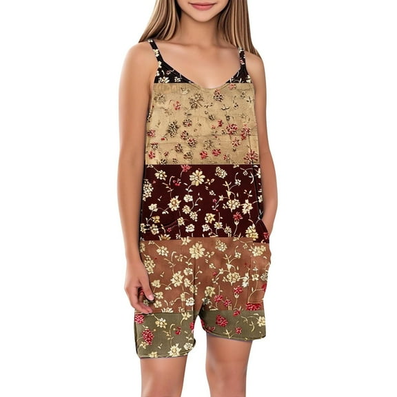FAHXNVB Cami Romper for Girls Sleeveless Cute Graphic Print Jumpsuit Short with Pockets One Piece Summer Casual Comfy Clothes 5-14 Years