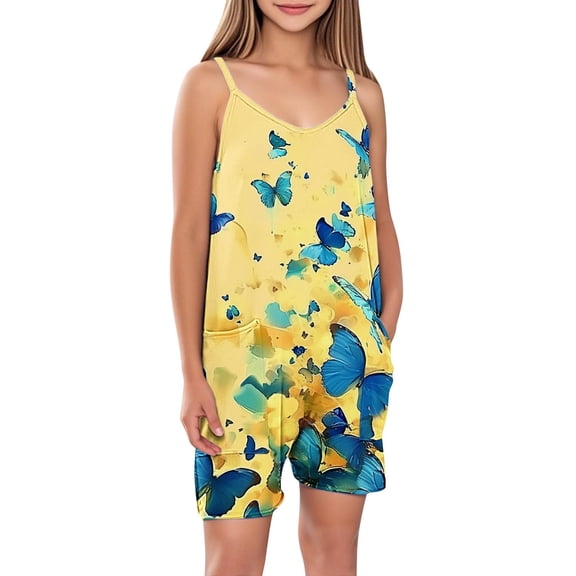 FAHXNVB Cami Romper for Girls Sleeveless Cute Graphic Print Jumpsuit Short with Pockets One Piece Summer Casual Comfy Clothes 5-14 Years