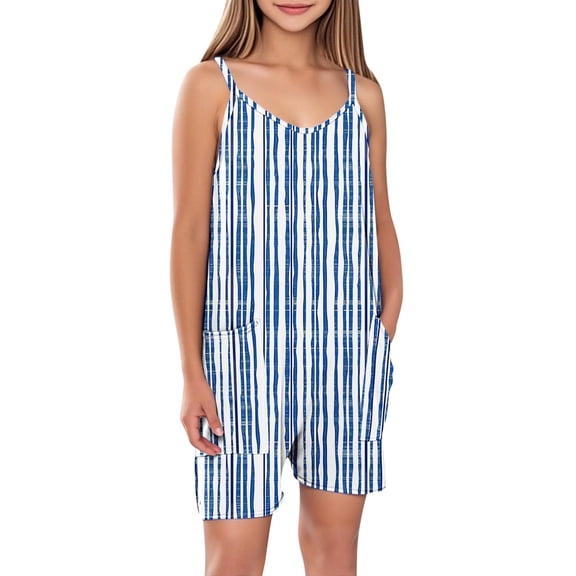 FAHXNVB Cami Romper for Girls Sleeveless Cute Graphic Print Jumpsuit Short with Pockets One Piece Summer Casual Comfy Clothes 5-14 Years