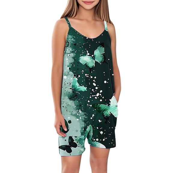 FAHXNVB Cami Romper for Girls Sleeveless Cute Graphic Print Jumpsuit Short with Pockets One Piece Summer Casual Comfy Clothes 5-14 Years