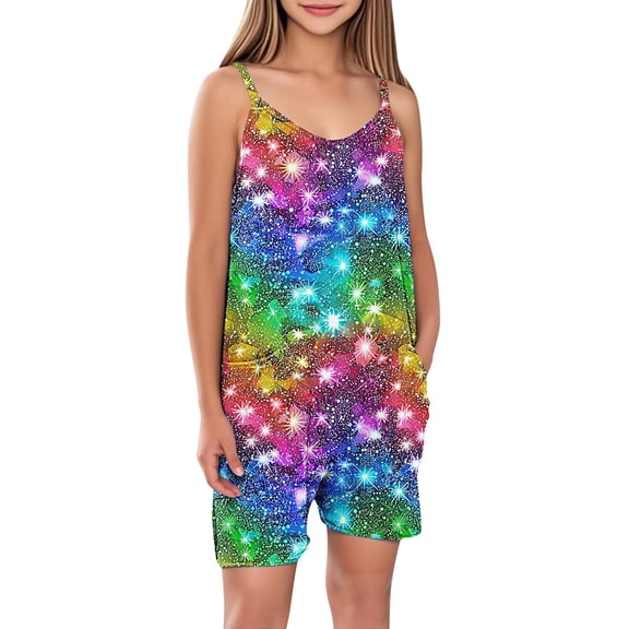 FAHXNVB Cami Romper for Girls Sleeveless Graphic Print Jumpsuit Short with Pockets One Piece Summer Casual Comfy Clothes 5-14 Years