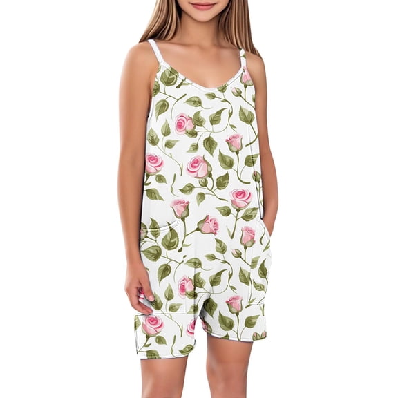 FAHXNVB Cami Romper for Girls Sleeveless Graphic Print Jumpsuit Short with Pockets One Piece Summer Casual Comfy Clothes 5-14 Years