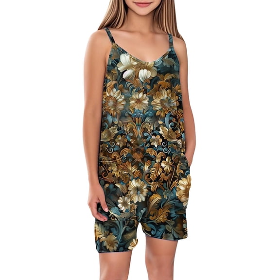 FAHXNVB Cami Romper for Girls Sleeveless Graphic Print Jumpsuit Short with Pockets One Piece Summer Casual Comfy Clothes 5-14 Years
