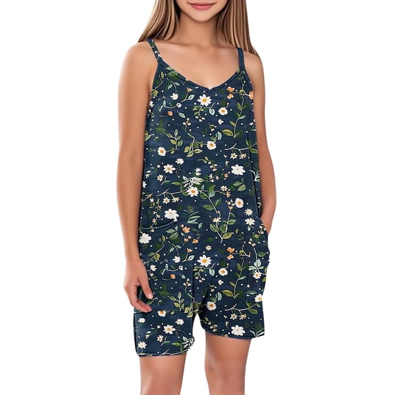 FAHXNVB Cami Romper for Girls Sleeveless Graphic Print Jumpsuit Short with Pockets One Piece Summer Casual Comfy Clothes 5-14 Years