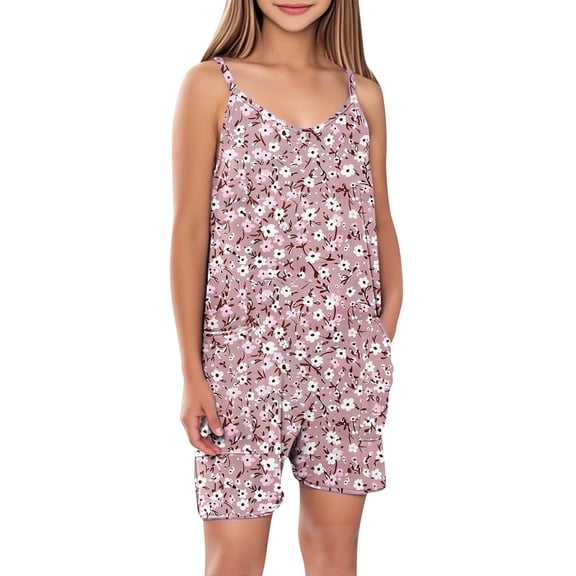 FAHXNVB Cami Romper for Girls Sleeveless Graphic Print Jumpsuit Short with Pockets One Piece Summer Casual Comfy Clothes 5-14 Years