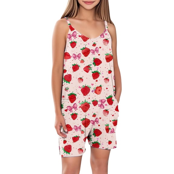 FAHXNVB Cami Romper for Girls Sleeveless Graphic Print Jumpsuit Short with Pockets One Piece Summer Casual Fashion Clothes 5-14 Years
