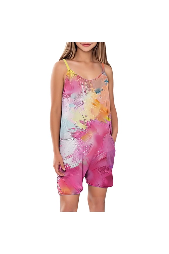 Cami Romper for Girls Sleeveless Graphic Print Jumpsuit Short with Pockets One Piece Summer Casual Fashion Clothes 5-14 Years