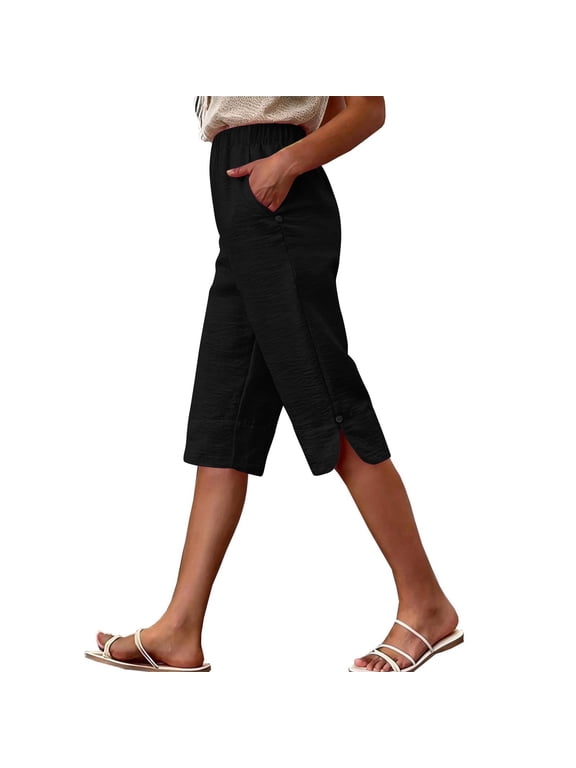 Capri Pants for Women,Summer Cropped Pants Capri Trousers,Casual Loose Button Side Slit Wide Leg Capris