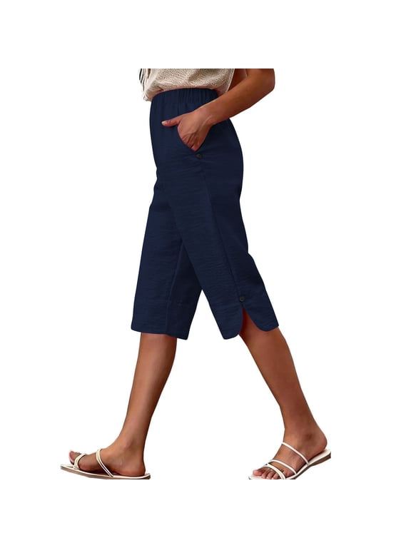 Capri Pants for Women,Summer Cropped Pants Capri Trousers,Casual Loose Button Side Slit Wide Leg Capris